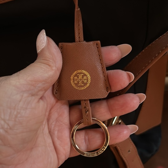 Tory Burch Backpack Black Nylon W / Leather Pockets and Accents in Tan Leather - Picture 4 of 16